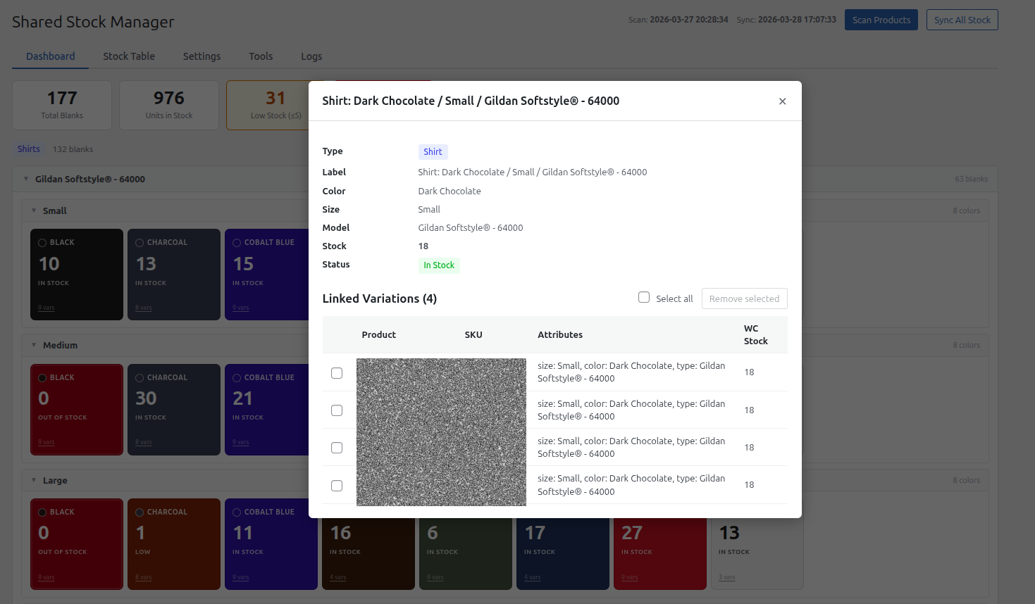 SlickStock dashboard modal showing linked variations for a blank