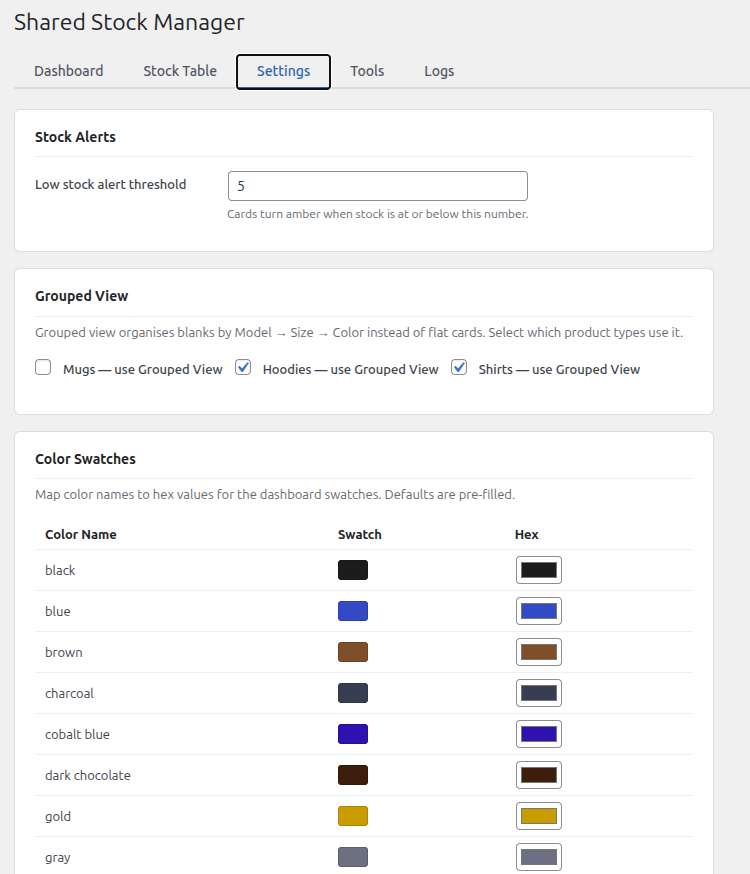 SlickStock settings panel with threshold and color swatch configuration