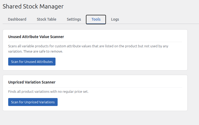 SlickStock tools tab with unpriced variation and unused attribute scanners